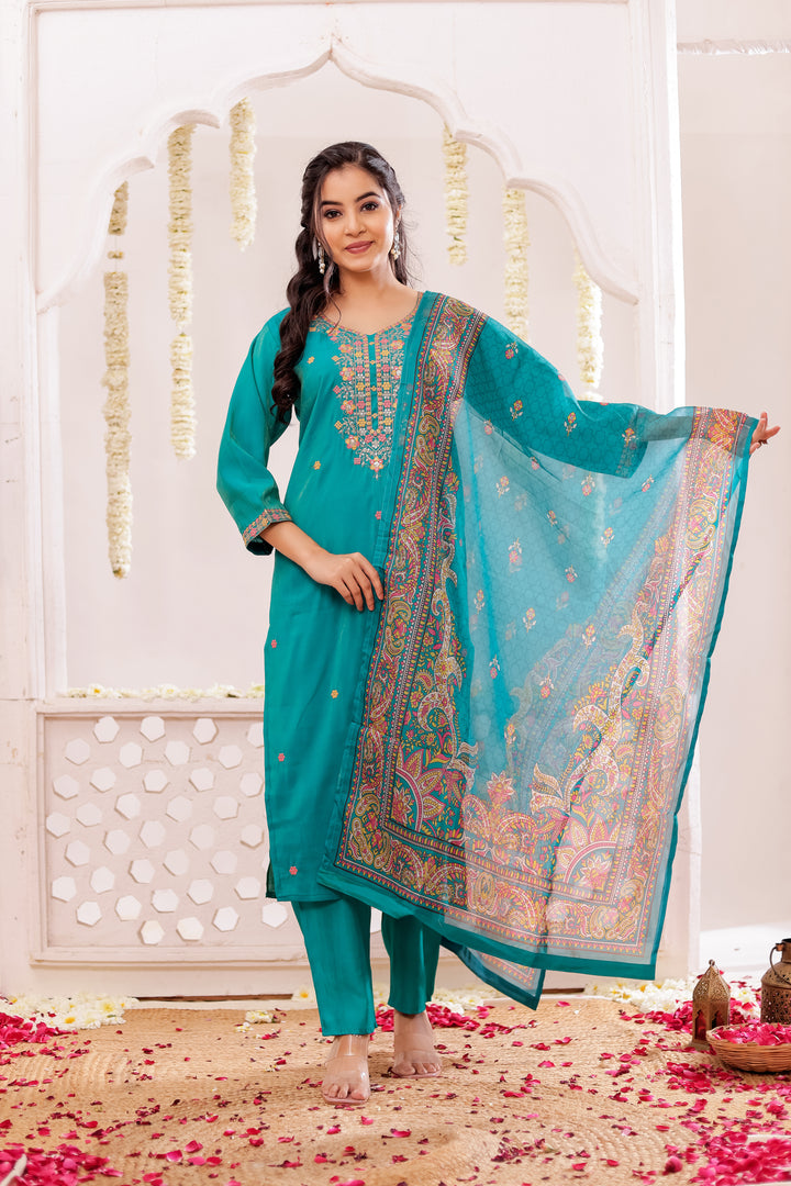 Teal Blue Soft Silk Straight Cut Kurta Set