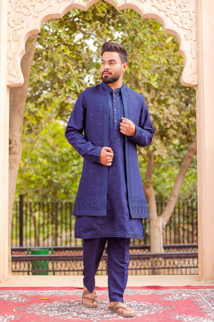 Navy Blue Front Open Jacket With Kurta Suit.