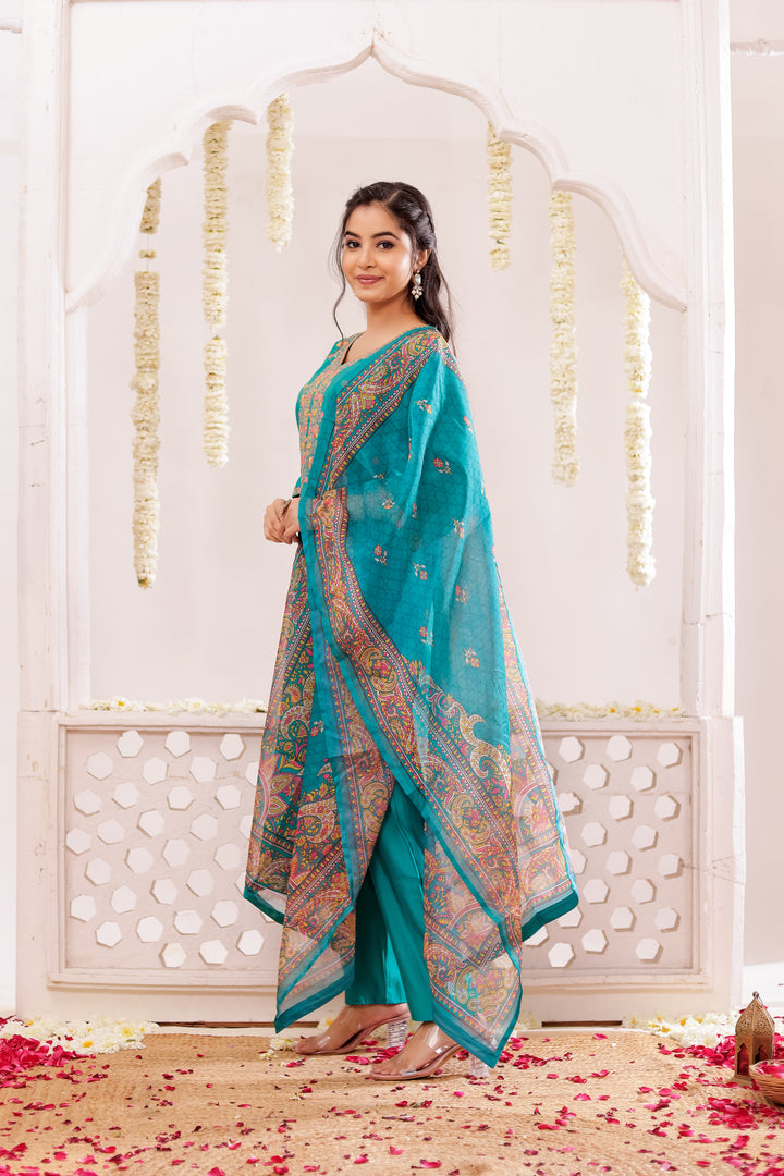 Teal Blue Soft Silk Straight Cut Kurta Set