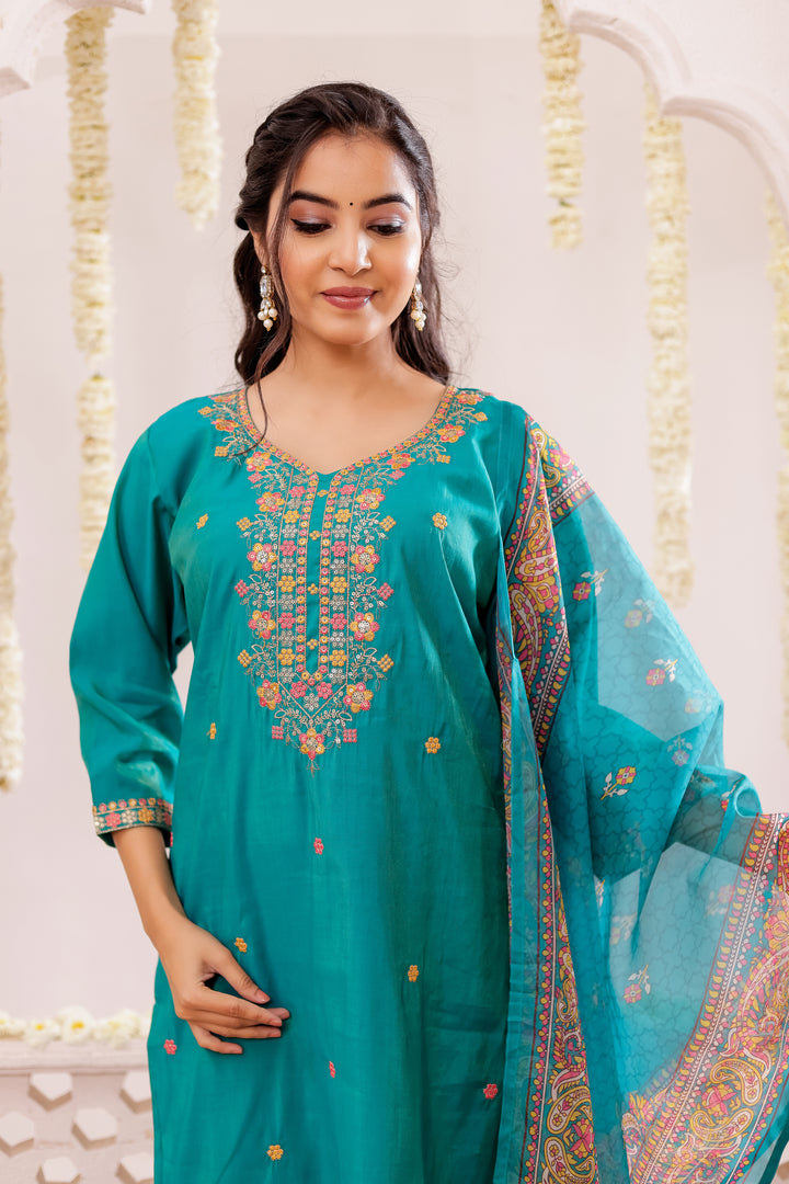 Teal Blue Soft Silk Straight Cut Kurta Set