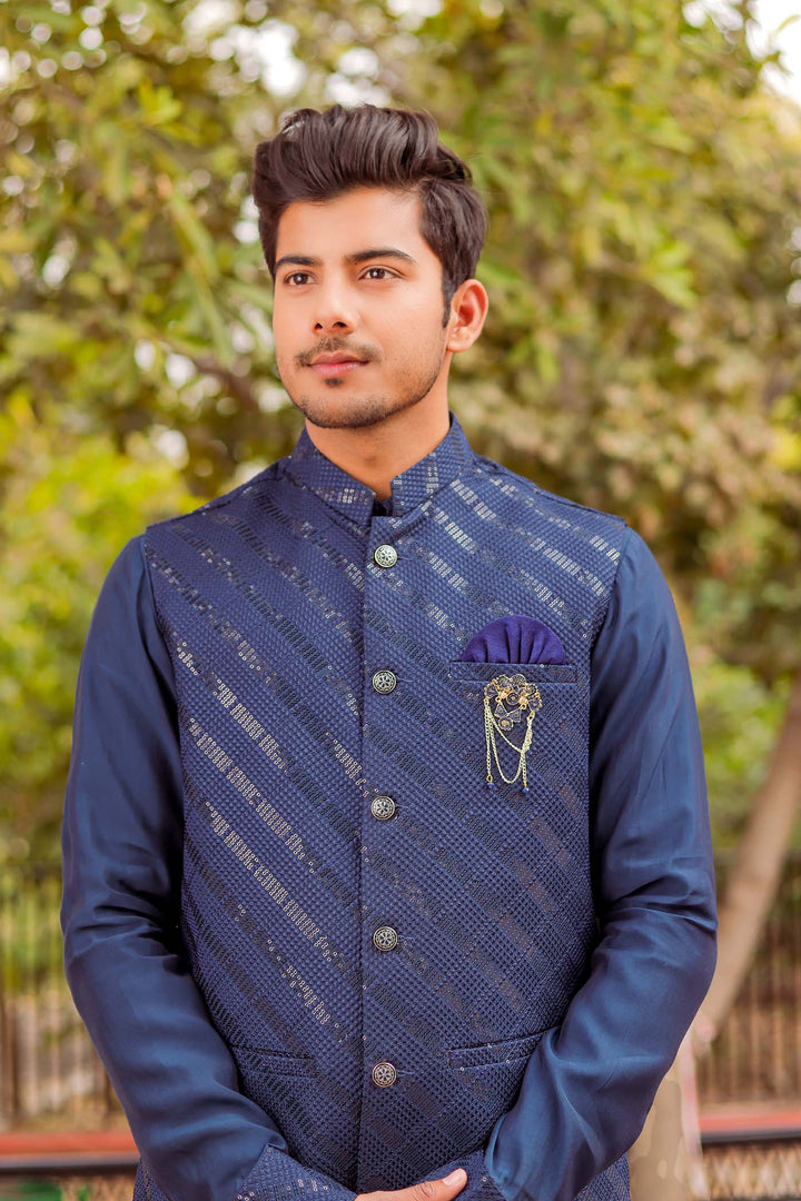 Navy Blue Soft Silk Jacket And Kurta Suit