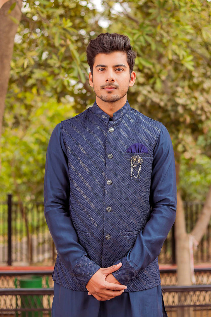 Navy Blue Soft Silk Jacket And Kurta Suit