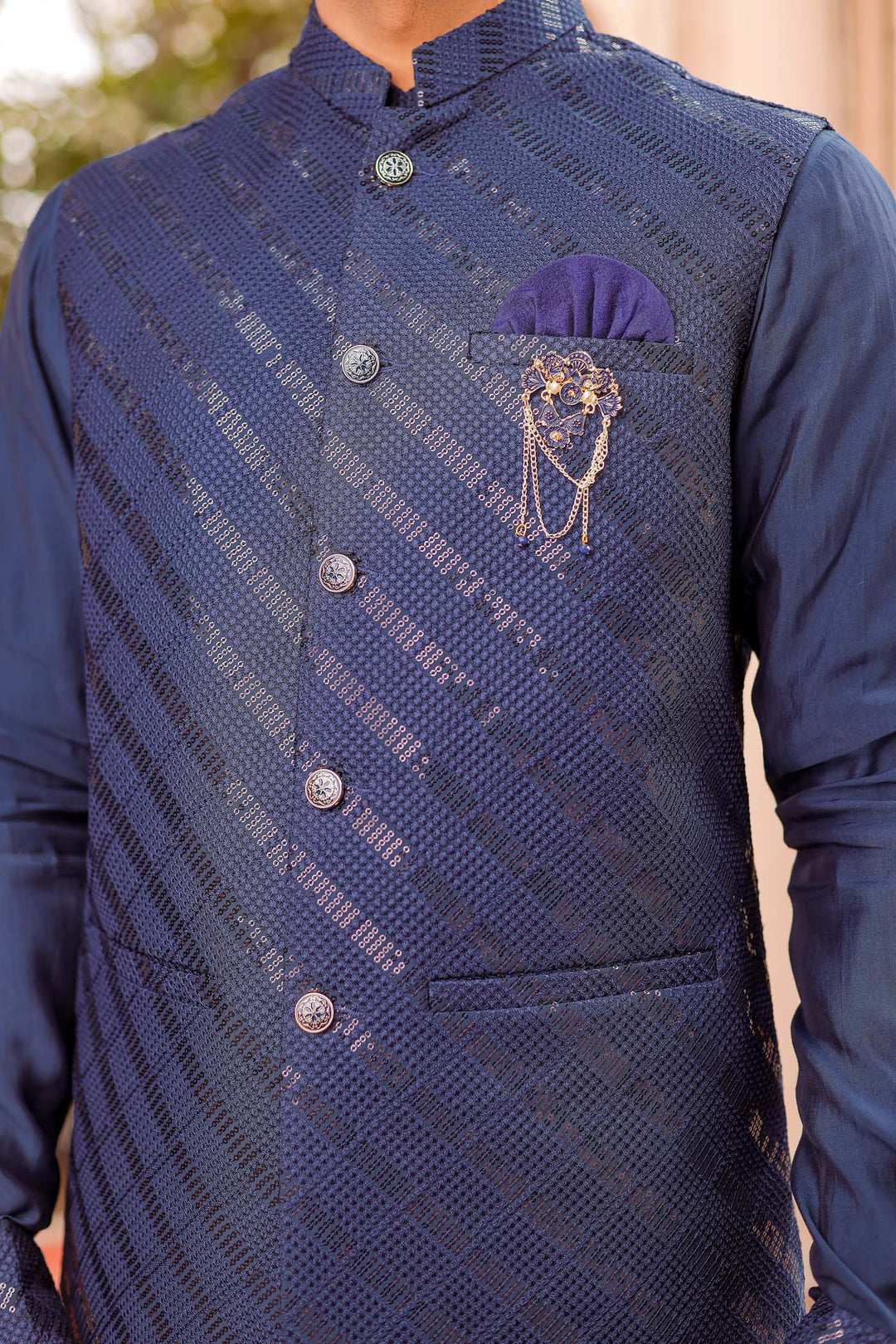 Navy Blue Soft Silk Jacket And Kurta Suit