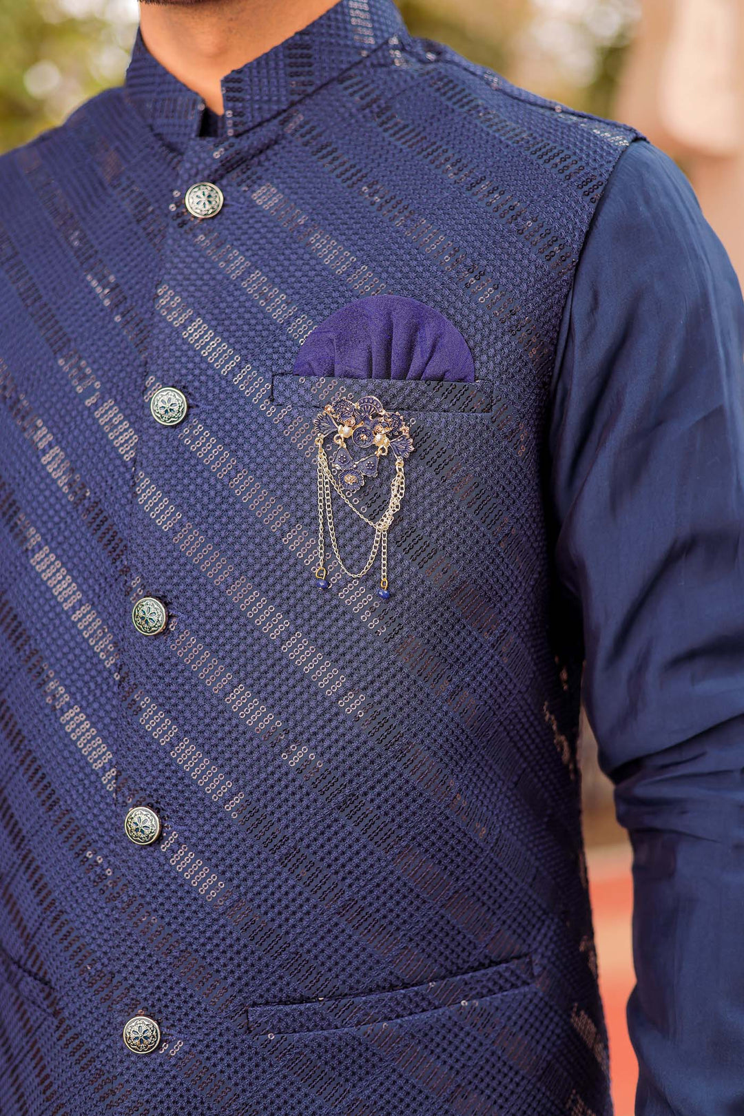 Navy Blue Soft Silk Jacket And Kurta Suit