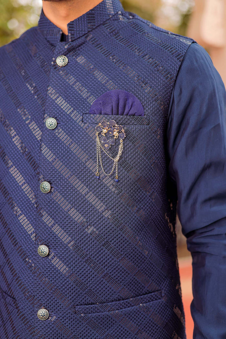Navy Blue Soft Silk Jacket And Kurta Suit