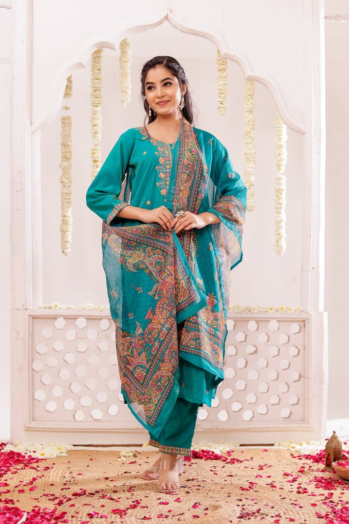 Teal Blue Soft Silk Straight Cut Kurta Set