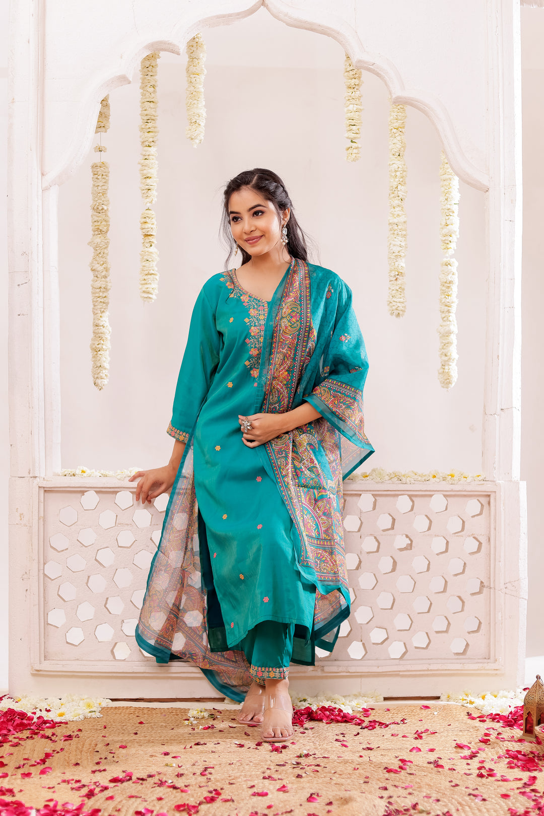 Teal Blue Soft Silk Straight Cut Kurta Set