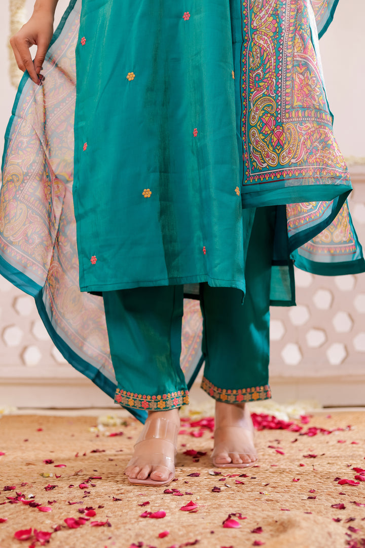 Teal Blue Soft Silk Straight Cut Kurta Set