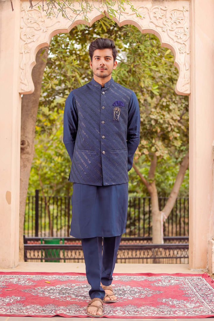 Navy Blue Soft Silk Jacket And Kurta Suit