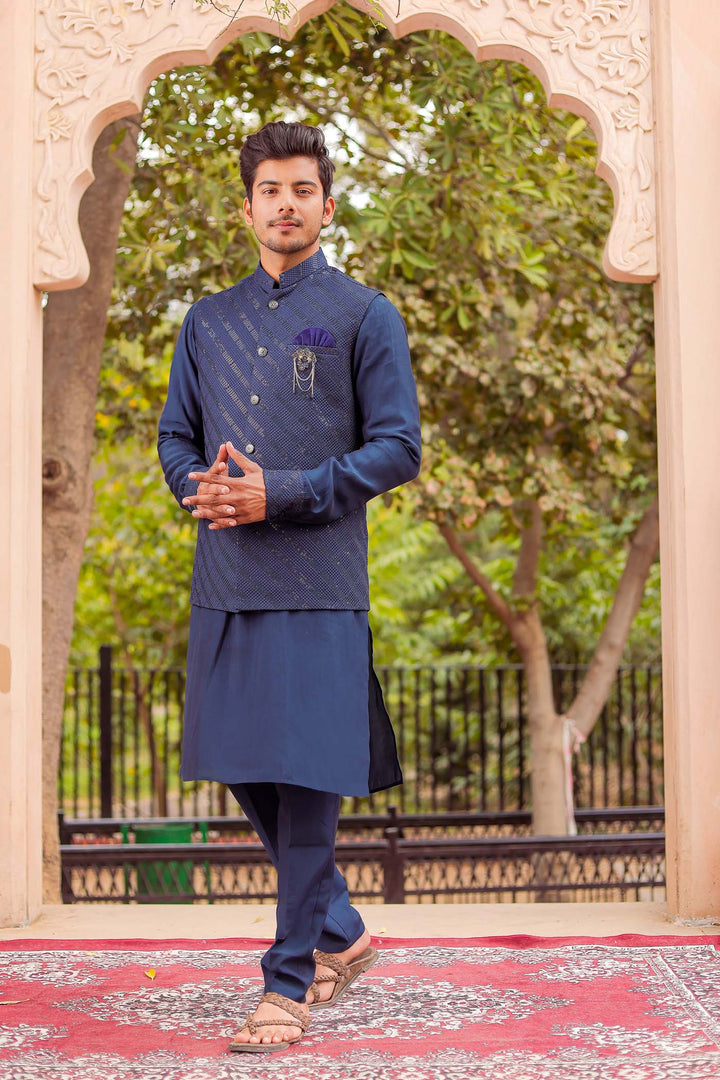 Navy Blue Soft Silk Jacket And Kurta Suit
