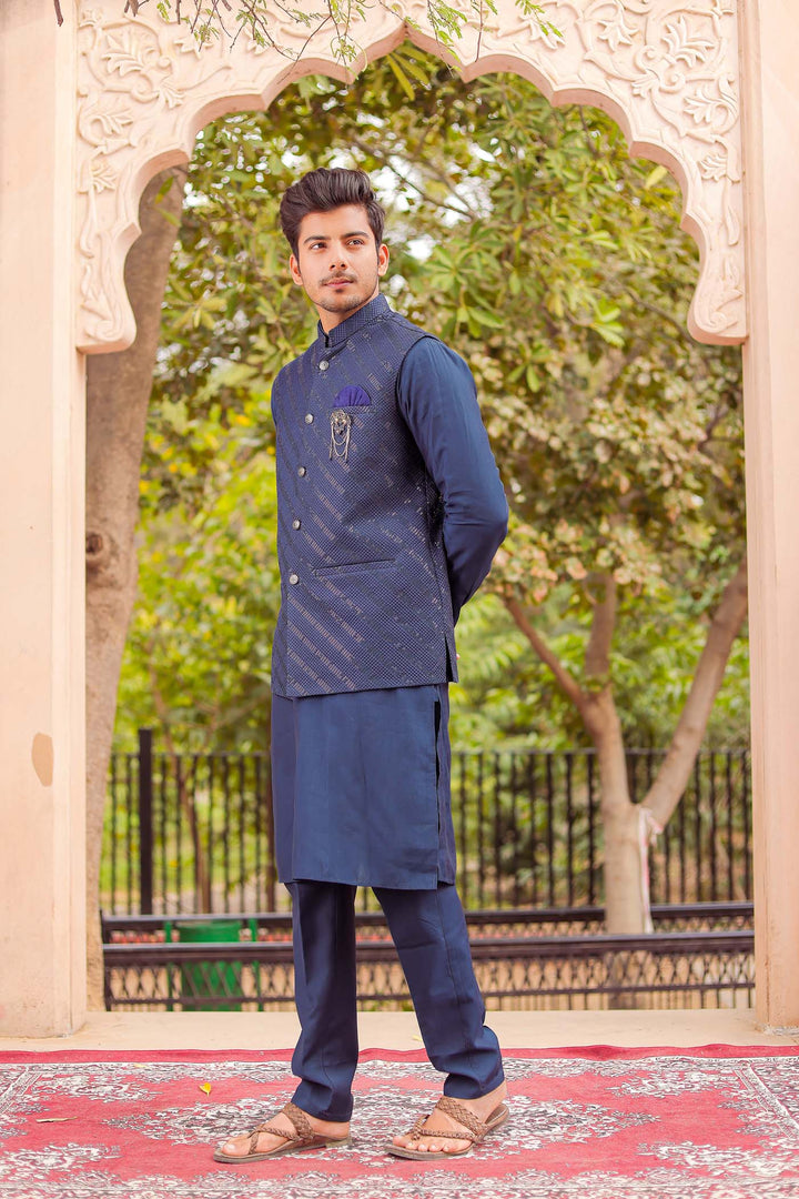 Navy Blue Soft Silk Jacket And Kurta Suit