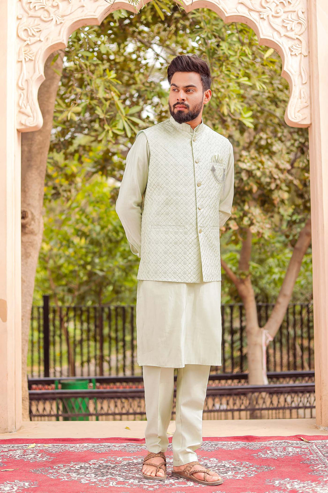 Mint Soft Silk Jacket And Kurta Suit