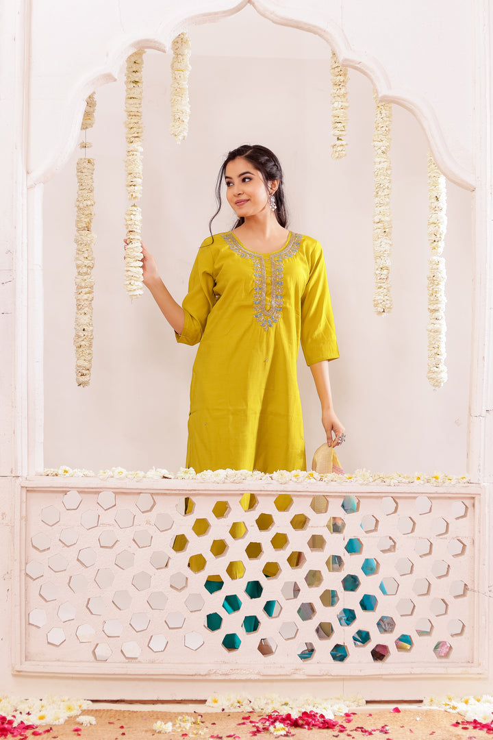 Mustard Soft Silk Straight Cut Kurta Set