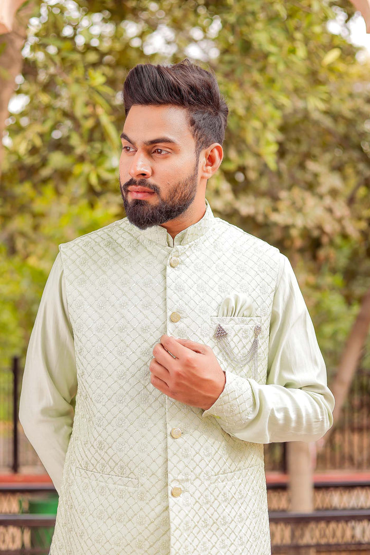 Mint Soft Silk Jacket And Kurta Suit