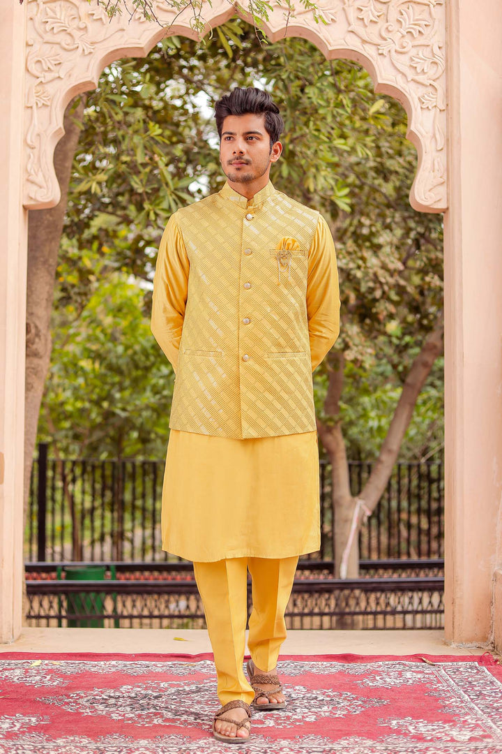 Yellow Soft Silk Jacket And Kurta Suit