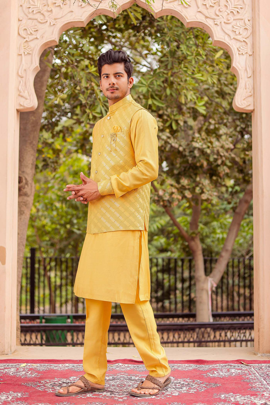 Yellow Soft Silk Jacket And Kurta Suit