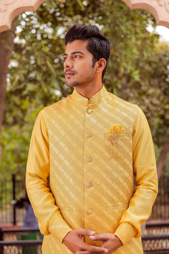 Yellow Soft Silk Jacket And Kurta Suit