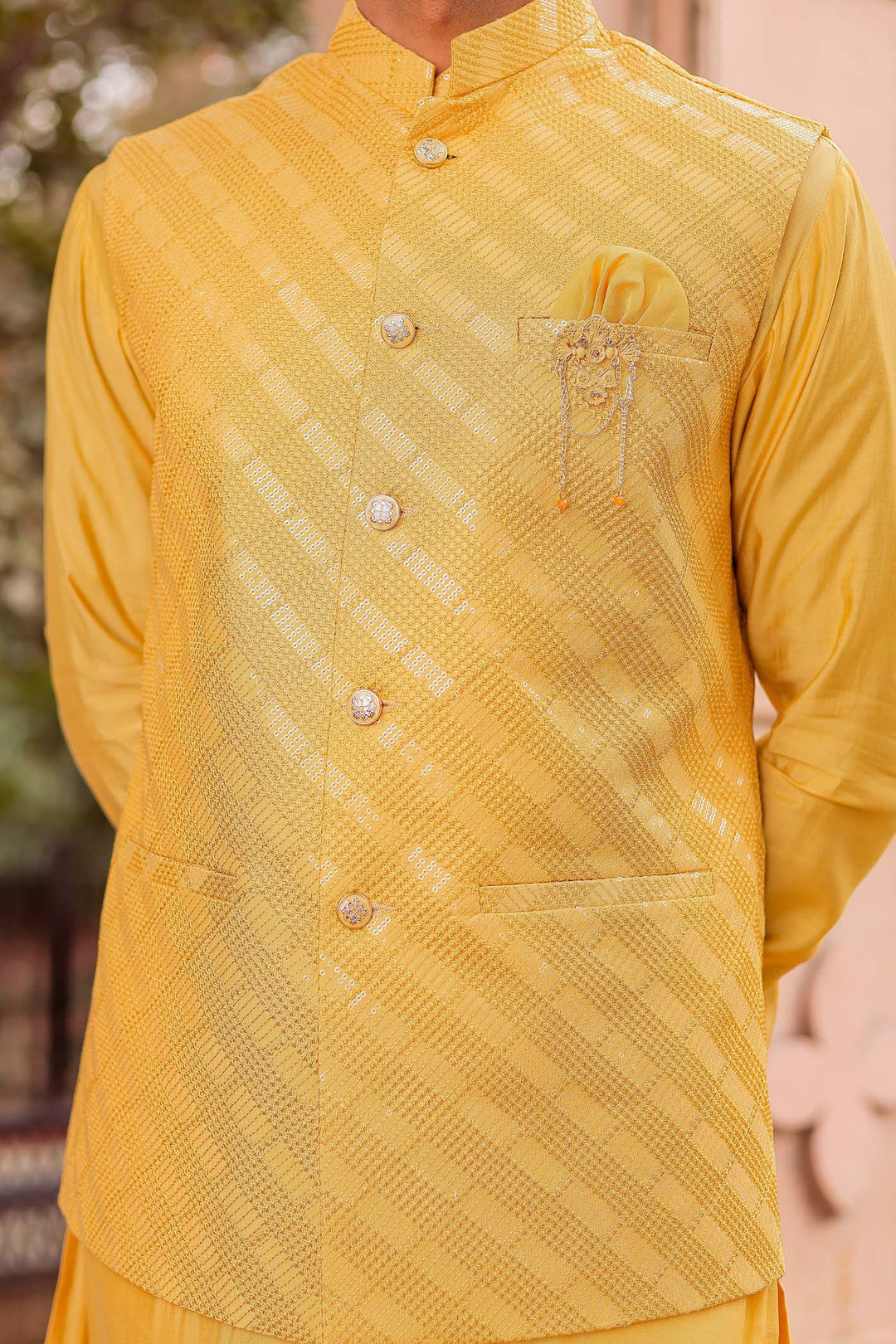 Yellow Soft Silk Jacket And Kurta Suit