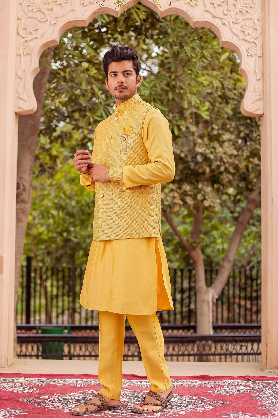 Yellow Soft Silk Jacket And Kurta Suit