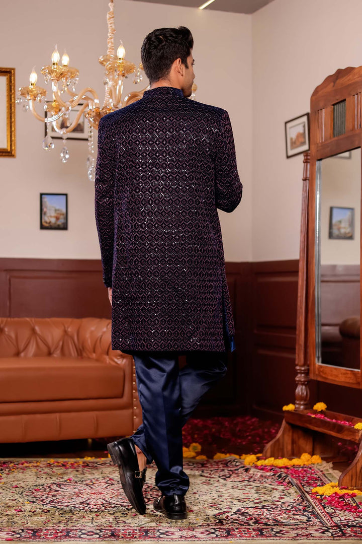 Navy Blue with Pink Velvet Jacket Style Indo-western Suit.