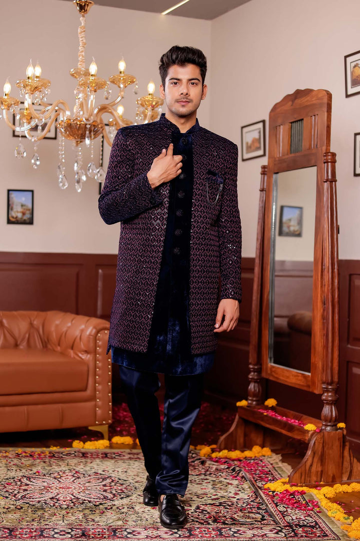 Navy Blue with Pink Velvet Jacket Style Indo-western Suit.
