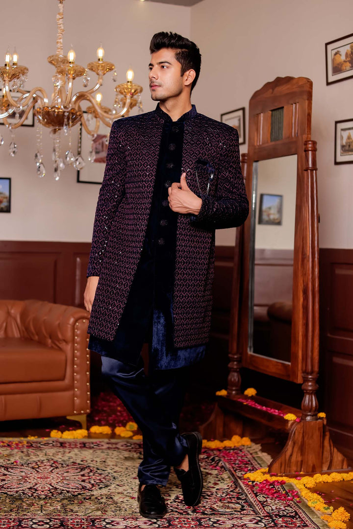 Navy Blue with Pink Velvet Jacket Style Indo-western Suit.