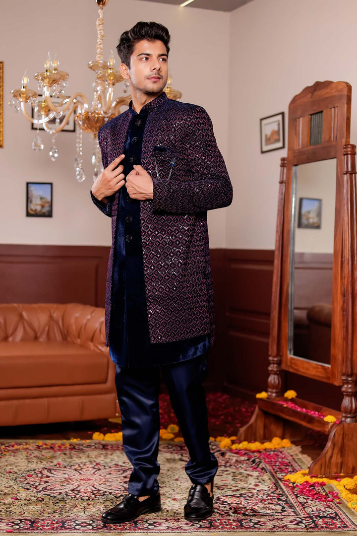 Navy Blue with Pink Velvet Jacket Style Indo-western Suit.