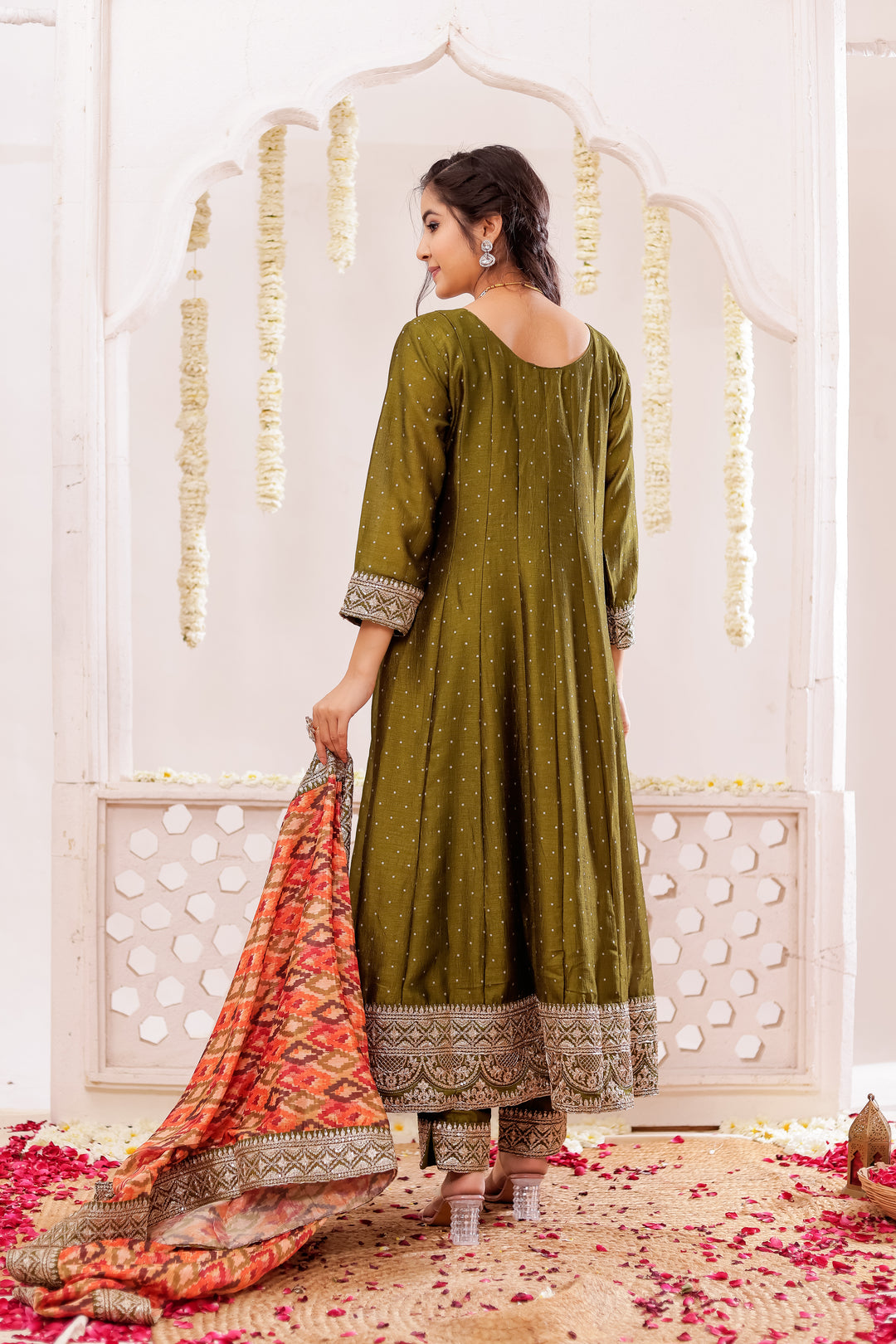 Mehndi Green Vichitra Silk Anarkali Suit