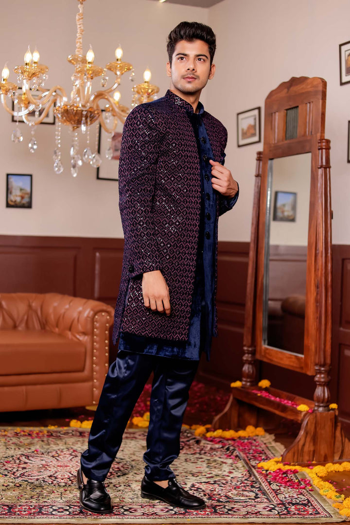 Navy Blue with Pink Velvet Jacket Style Indo-western Suit.