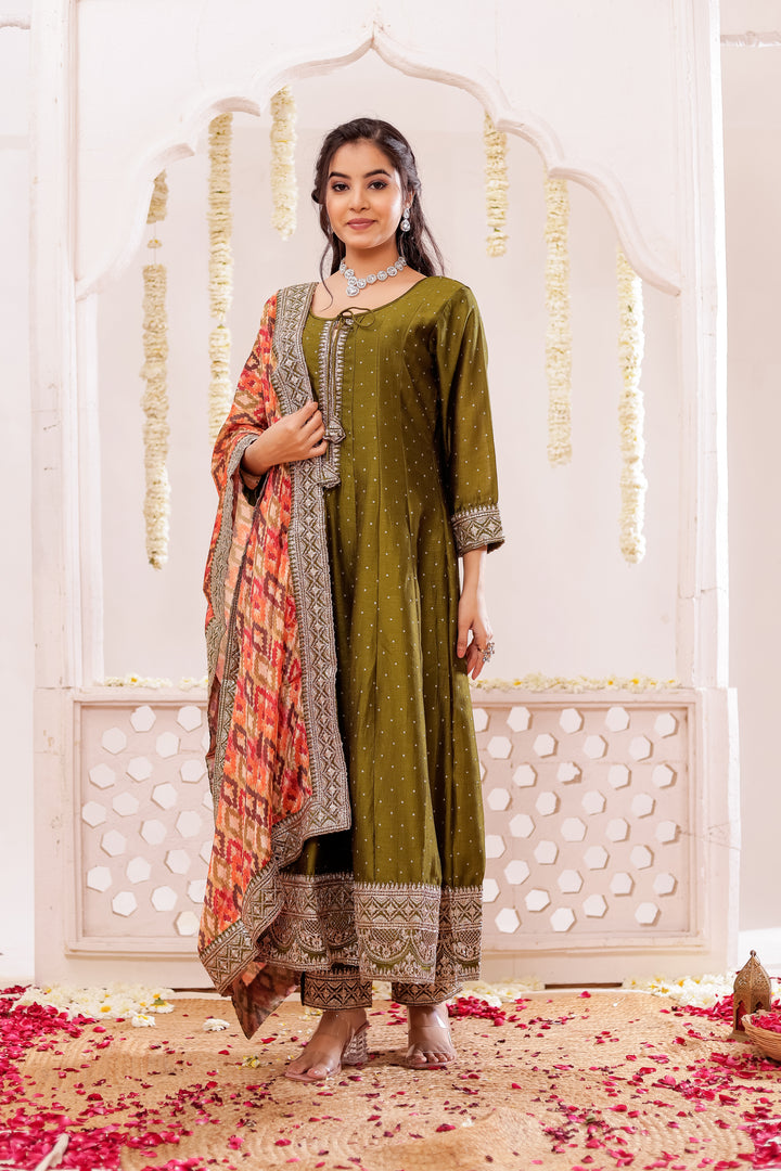 Mehndi Green Vichitra Silk Anarkali Suit