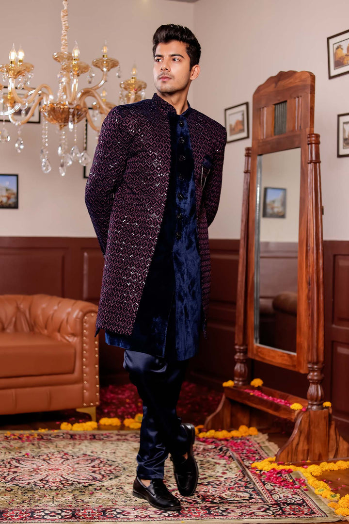 Navy Blue with Pink Velvet Jacket Style Indo-western Suit.