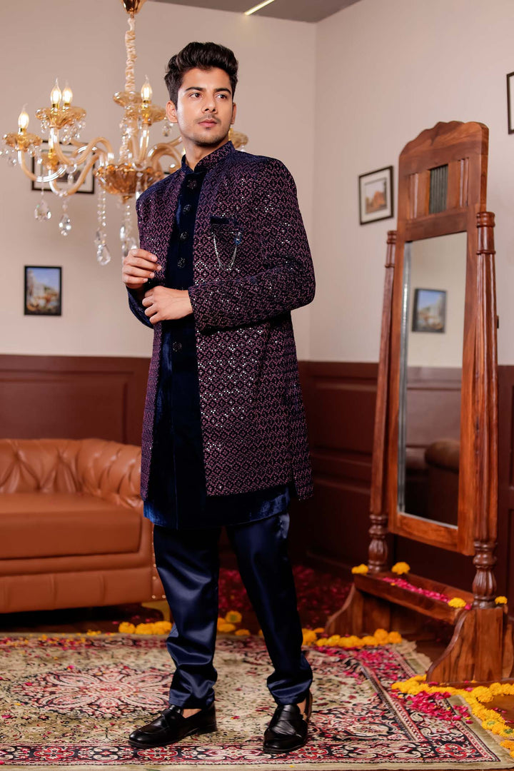 Navy Blue with Pink Velvet Jacket Style Indo-western Suit.