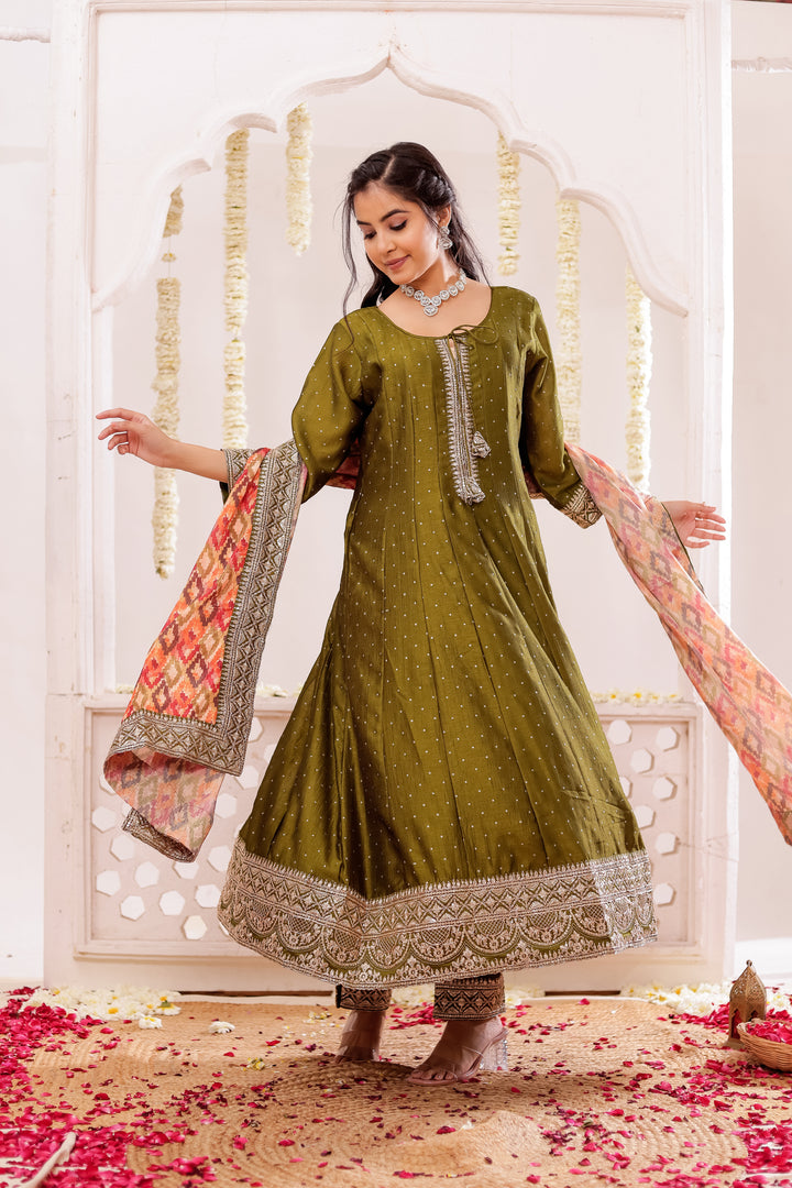 Mehndi Green Vichitra Silk Anarkali Suit