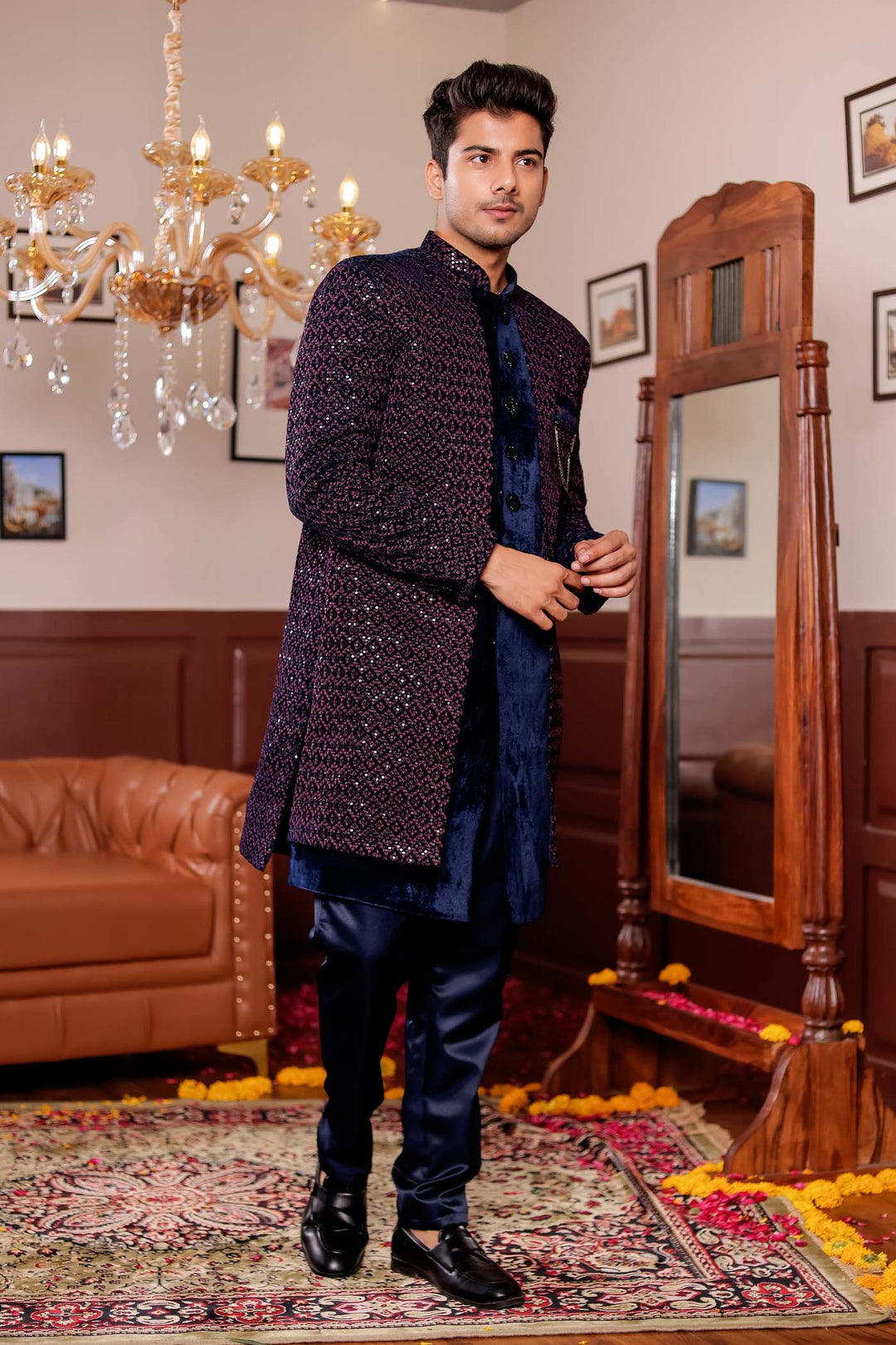 Navy Blue with Pink Velvet Jacket Style Indo-western Suit.