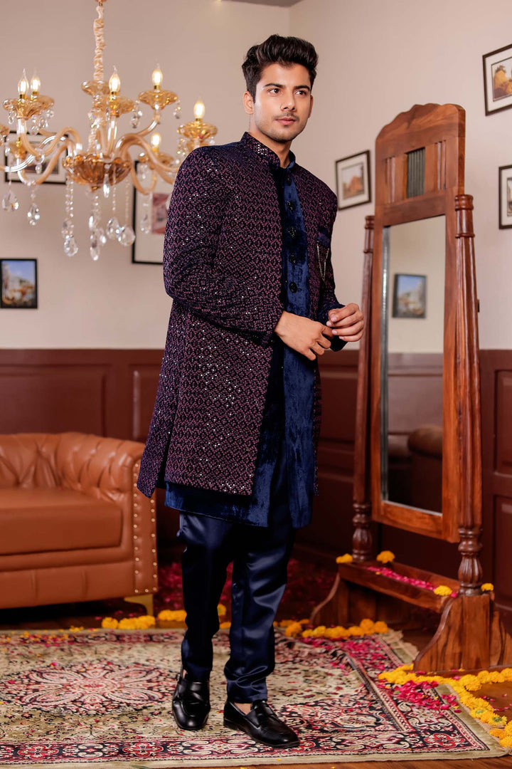 Navy Blue with Pink Velvet Jacket Style Indo-western Suit.