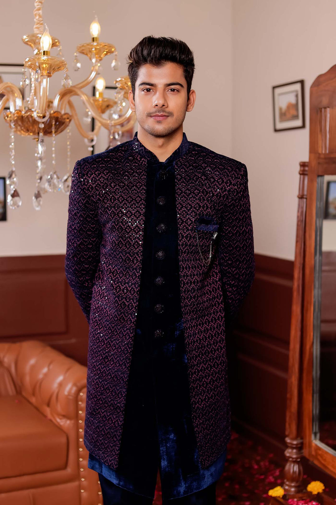 Navy Blue with Pink Velvet Jacket Style Indo-western Suit.