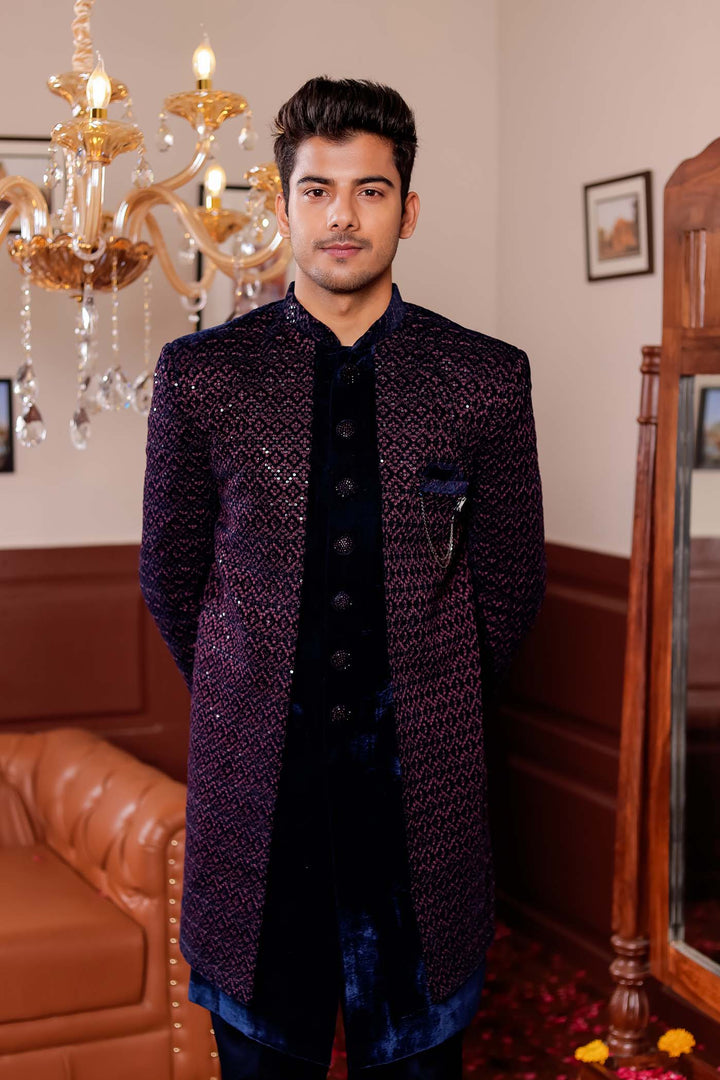 Navy Blue with Pink Velvet Jacket Style Indo-western Suit.