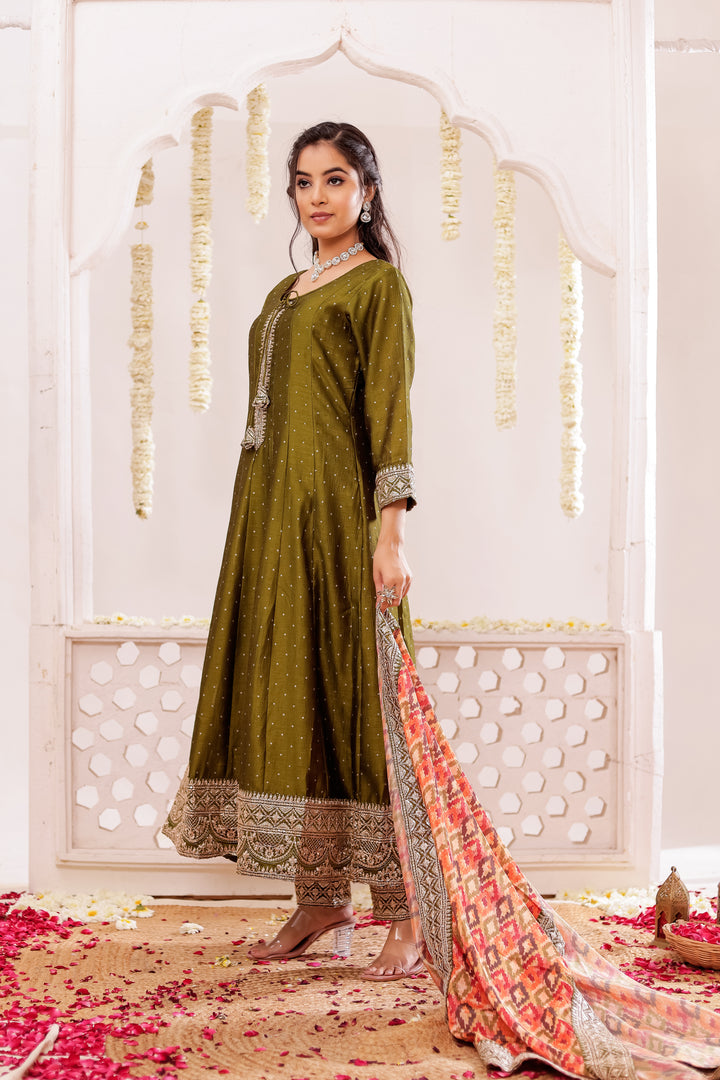 Mehndi Green Vichitra Silk Anarkali Suit