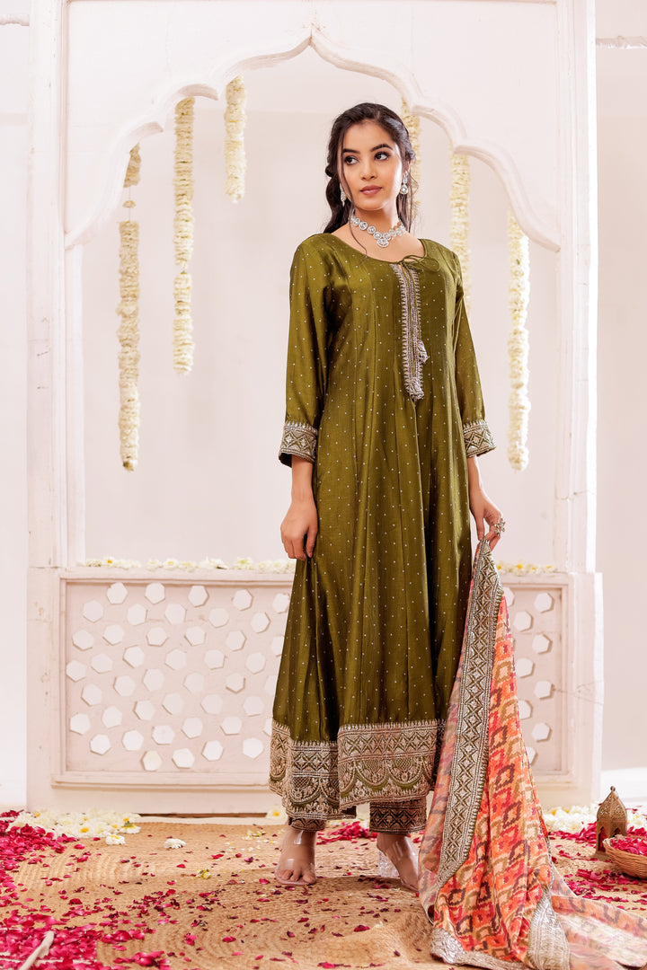 Mehndi Green Vichitra Silk Anarkali Suit