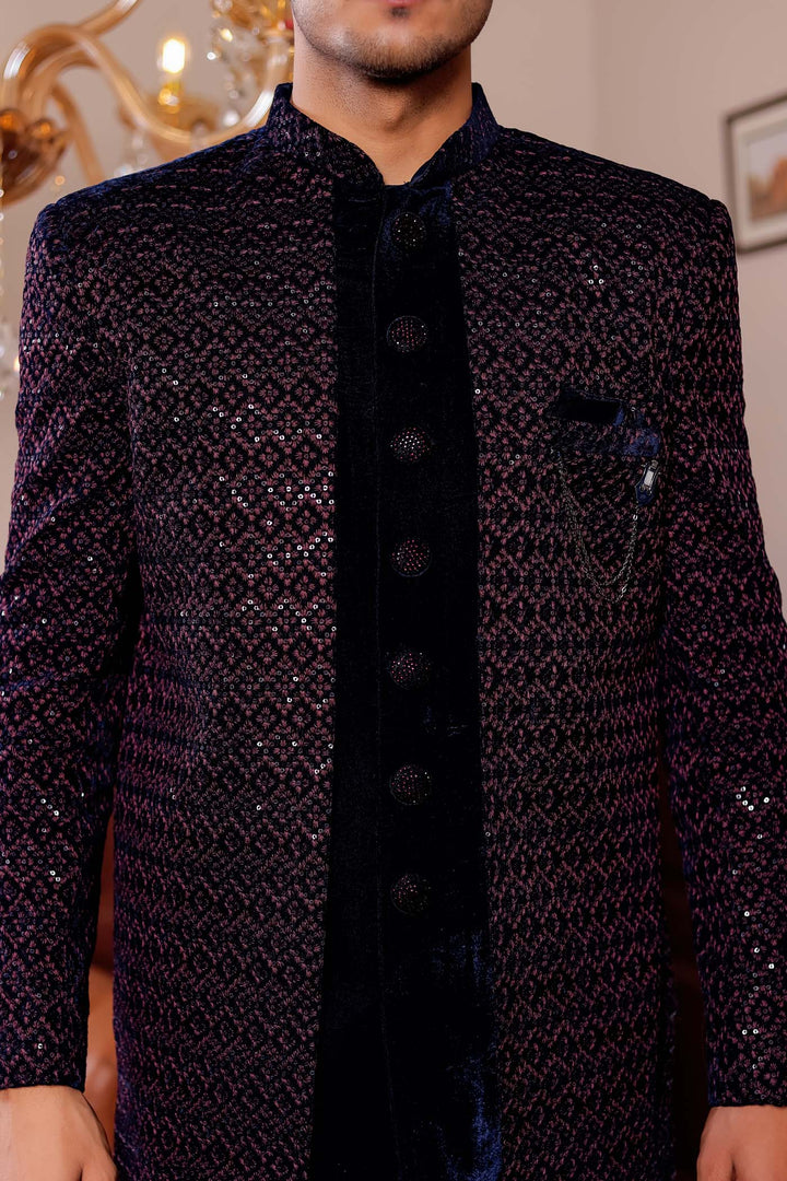 Navy Blue with Pink Velvet Jacket Style Indo-western Suit.