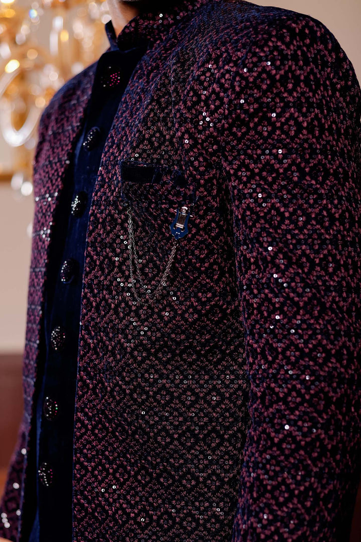 Navy Blue with Pink Velvet Jacket Style Indo-western Suit.