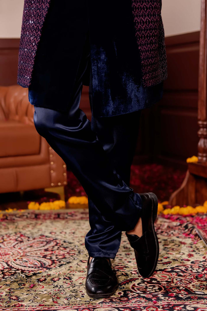 Navy Blue with Pink Velvet Jacket Style Indo-western Suit.