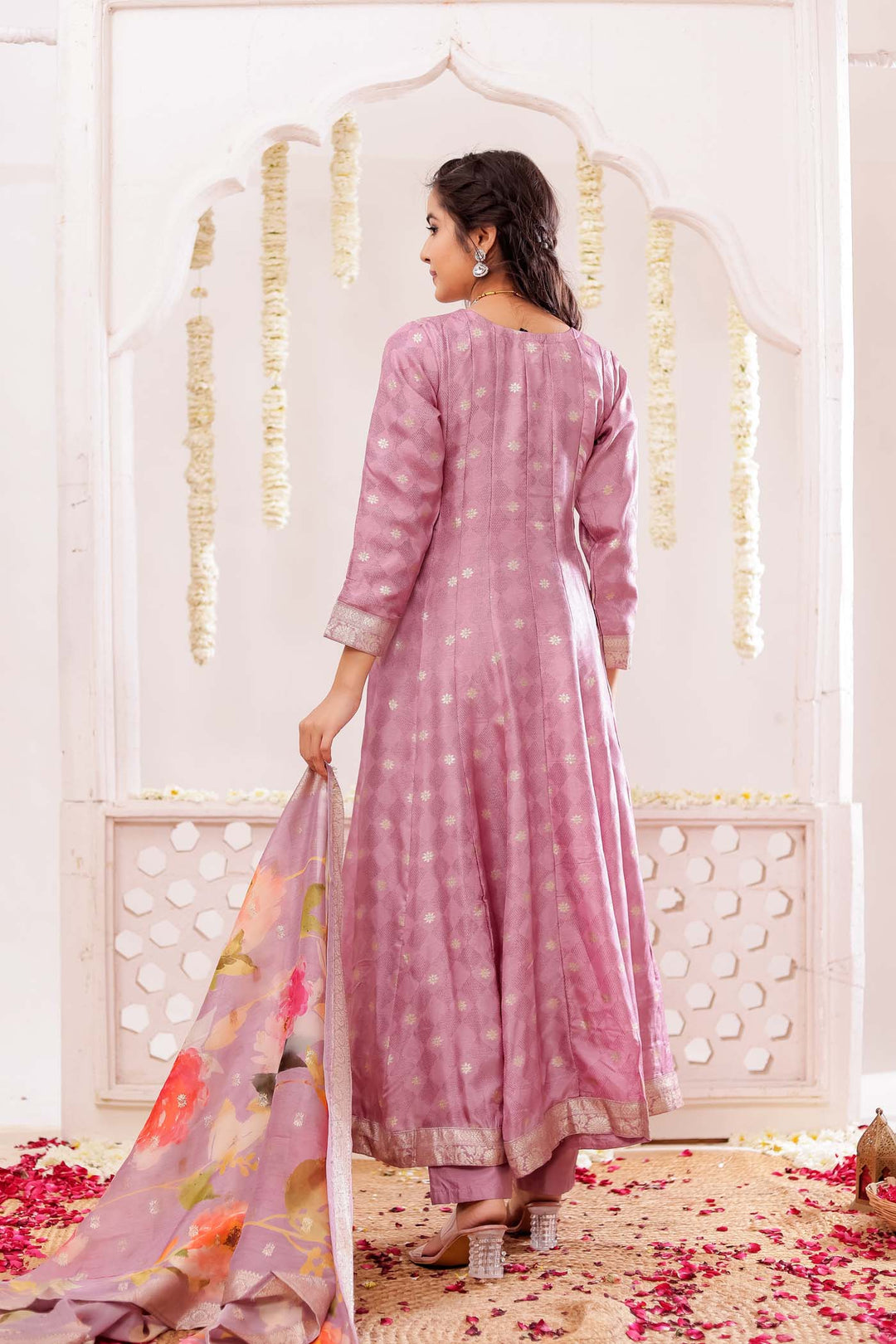 Lilac Long Sleeves Banarsi Silk Anarkali Suit.