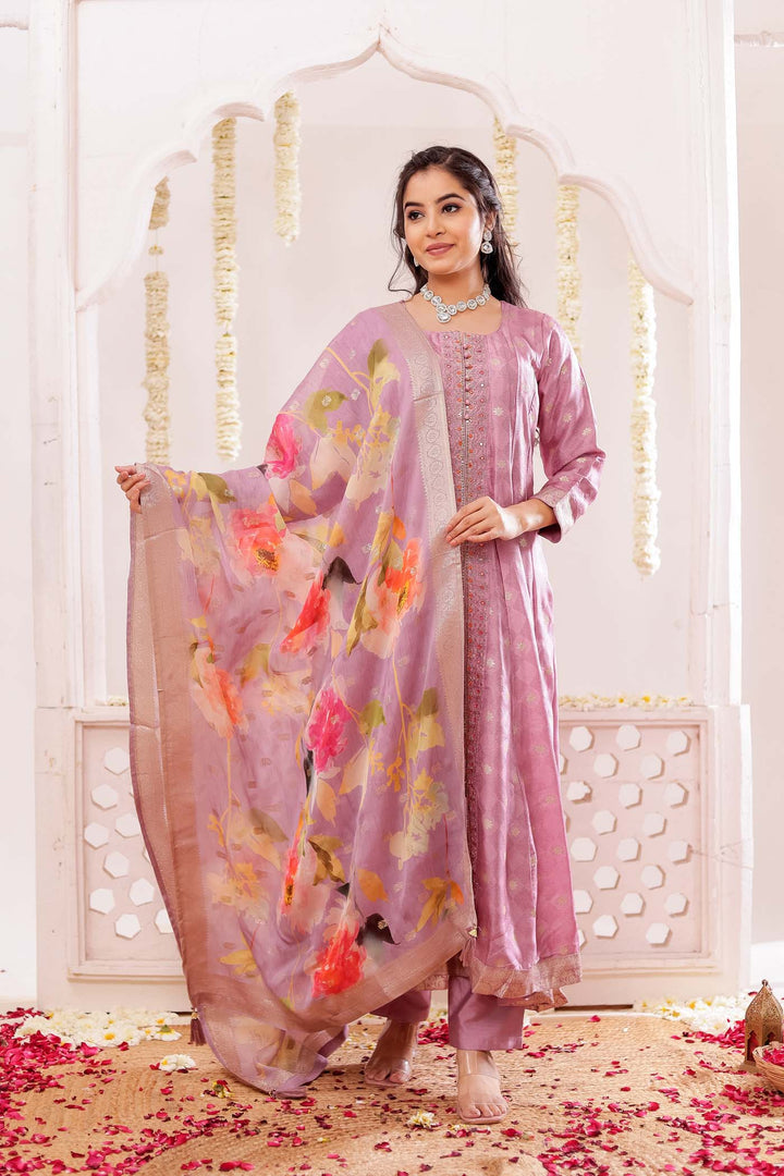 Lilac Long Sleeves Banarsi Silk Anarkali Suit.