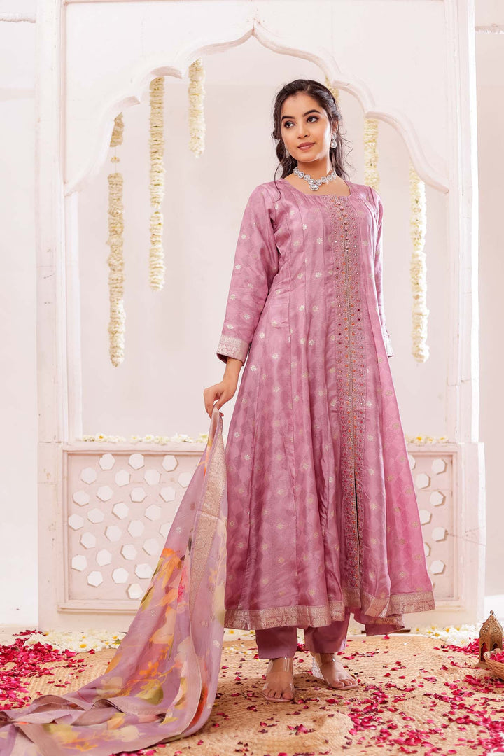 Lilac Long Sleeves Banarsi Silk Anarkali Suit.