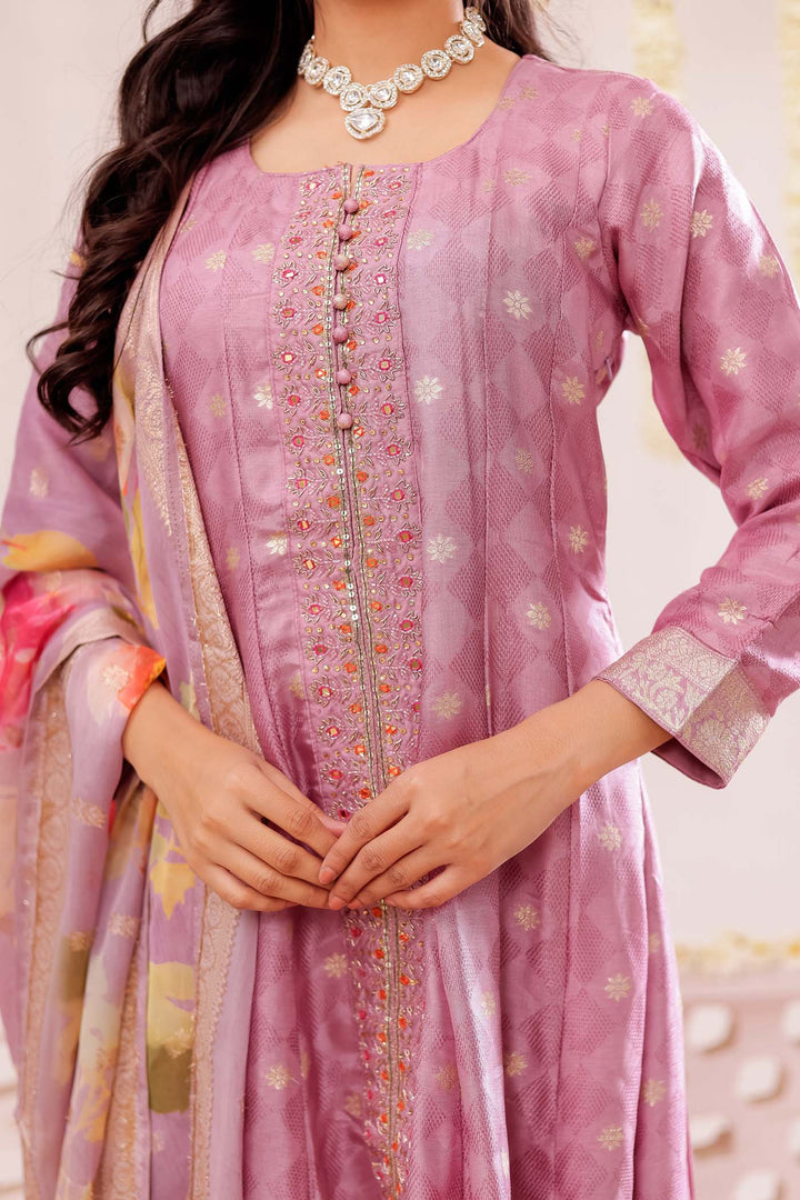 Lilac Long Sleeves Banarsi Silk Anarkali Suit.