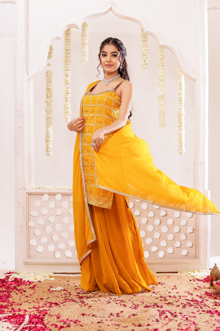 Mustard Georgette Bandhani Sharara