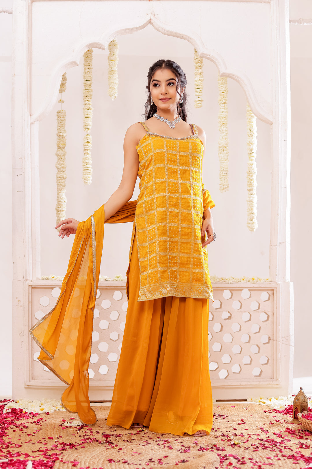 Mustard Georgette Bandhani Sharara