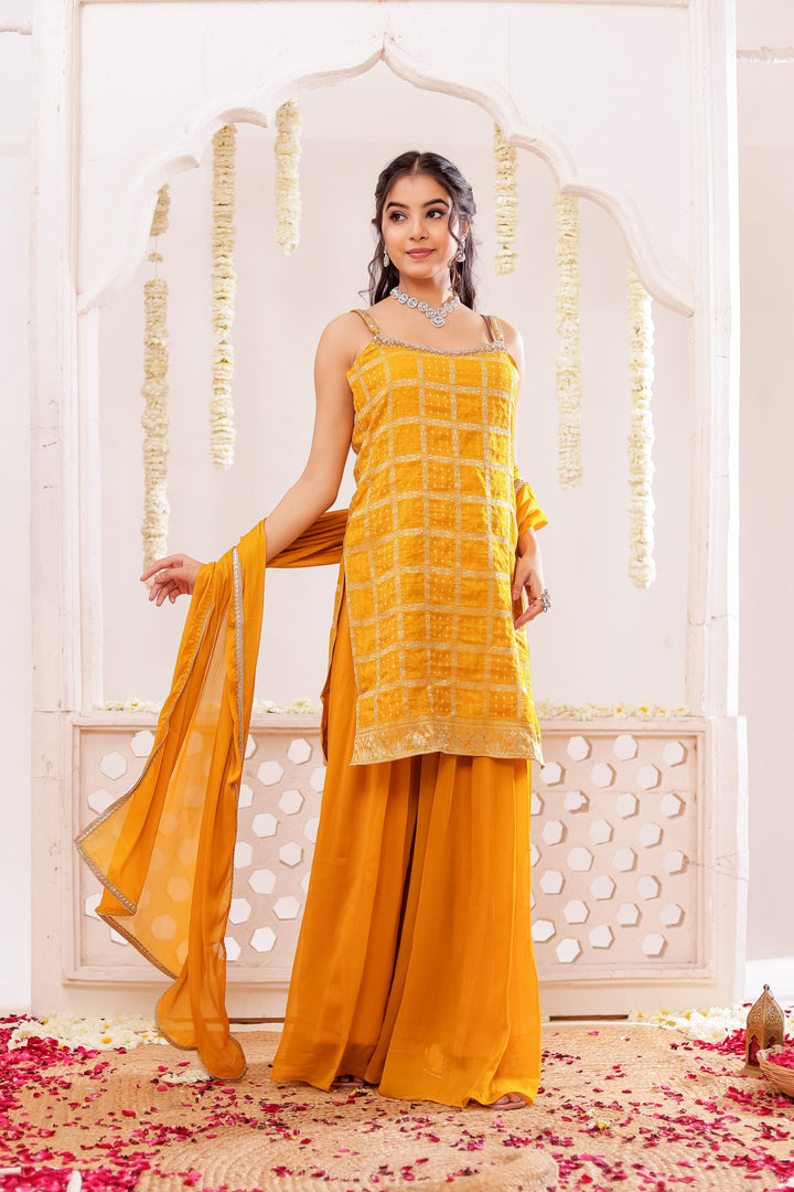 Mustard Georgette Bandhani Sharara