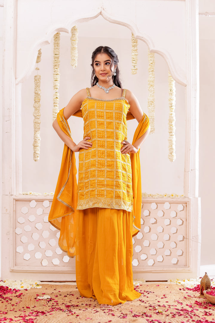 Mustard Georgette Bandhani Sharara